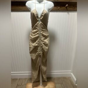 Revolve x Rumer Natural Linen Ruched Halter Sundress Center Slit XS NWT